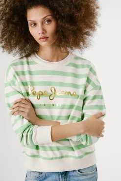 Sweatshirt riscas manga comprida com logo frontal