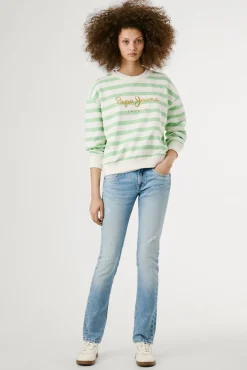 Sweatshirt riscas manga comprida com logo frontal