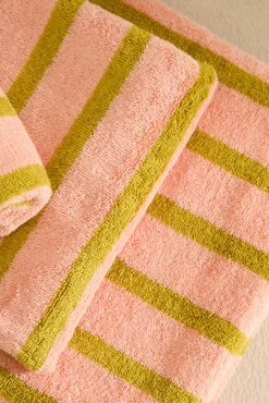 Toalha de banho de algodão felpudo riscas rosa Saturn