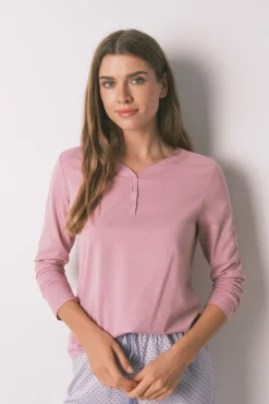 T-shirt de manga comprida de algodão escovado rosa