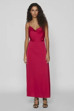 Vestido comprido acetinado com decote drapeado