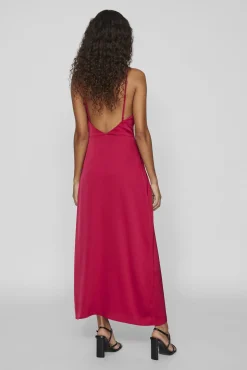 Vestido comprido acetinado com decote drapeado