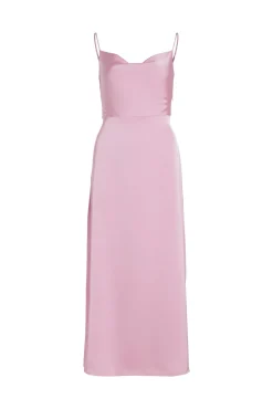 Vestido comprido acetinado com decote drapeado