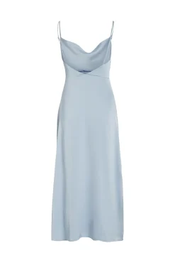 Vestido comprido acetinado com decote drapeado