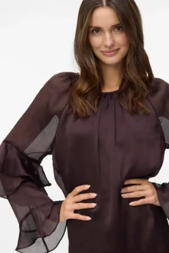 Vestido curto de chiffon com manga franzidas