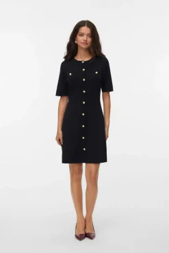 Vestido curto de malha com botões dourados