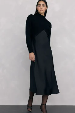 Vestido de cetim combinado com top de malha lurex