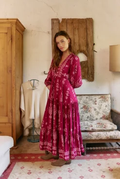 Vestido longo Teresa com estampado de ruibarbo