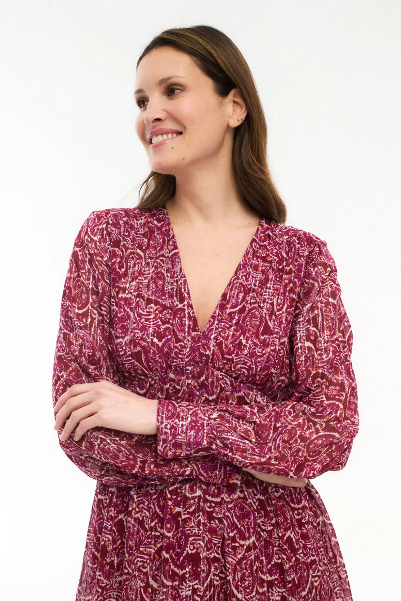 Vestido midi estampado com lurex