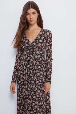 Vestido midi floral com decote laço