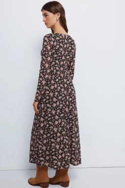 Vestido midi floral com decote laço